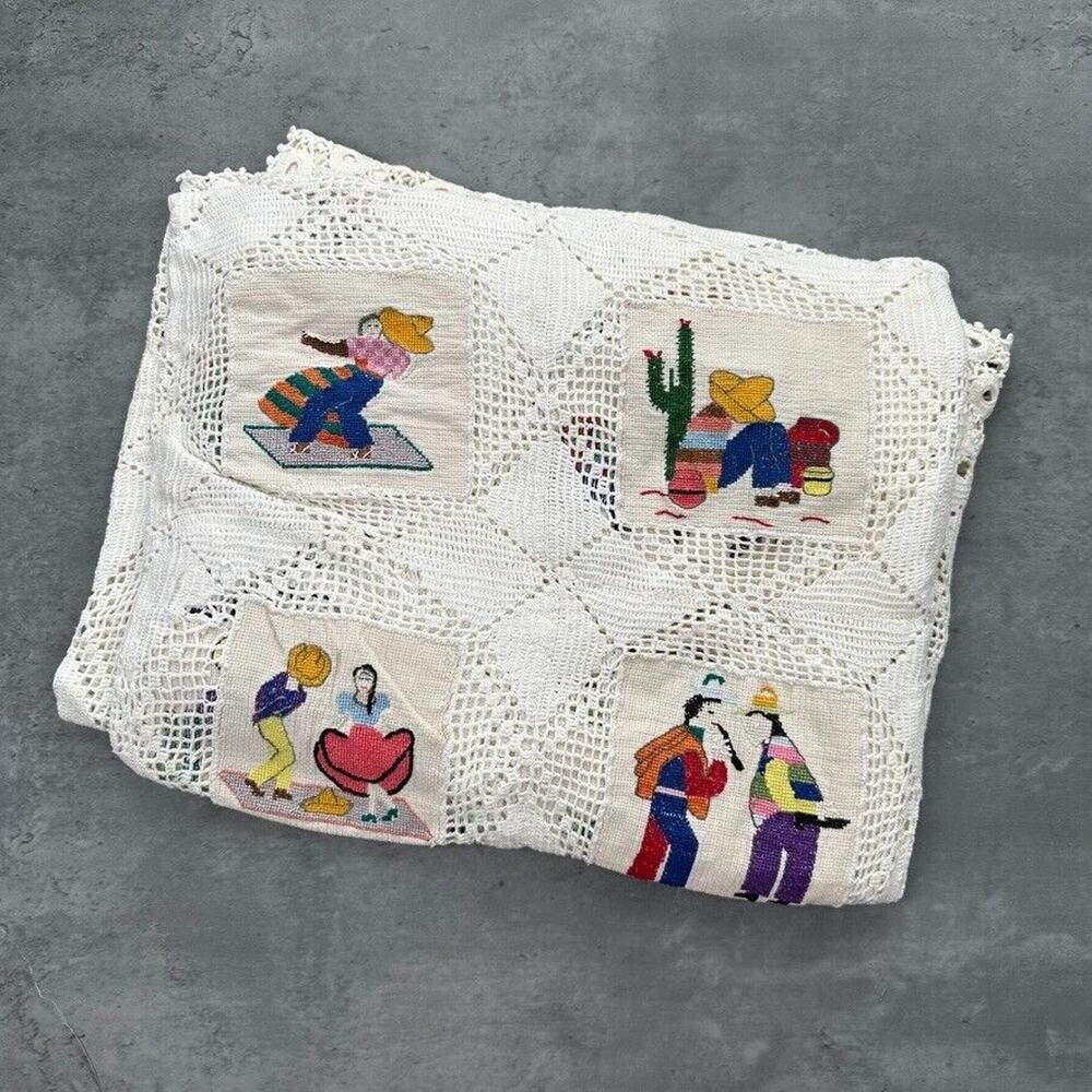 Vintage Latin American Hand Knit Lace Embroidered Large Decorative Blanket